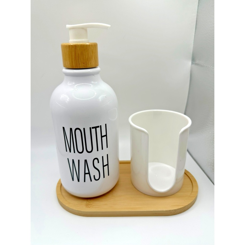 White 16 oz Mouthwash Dispenser Pump And Cup Holder Set with Waterproof Tray